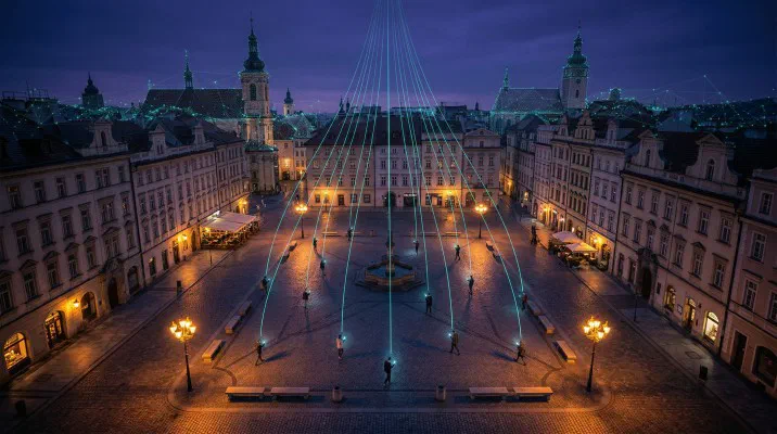Historické európske námestie za súmraku so svetelnými líniami 3D mapovania