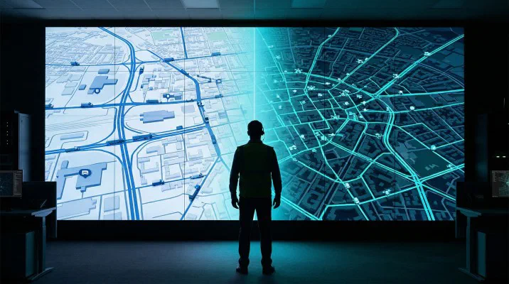 Silueta človeka pred digitálnou mapou mesta cez celú stenu