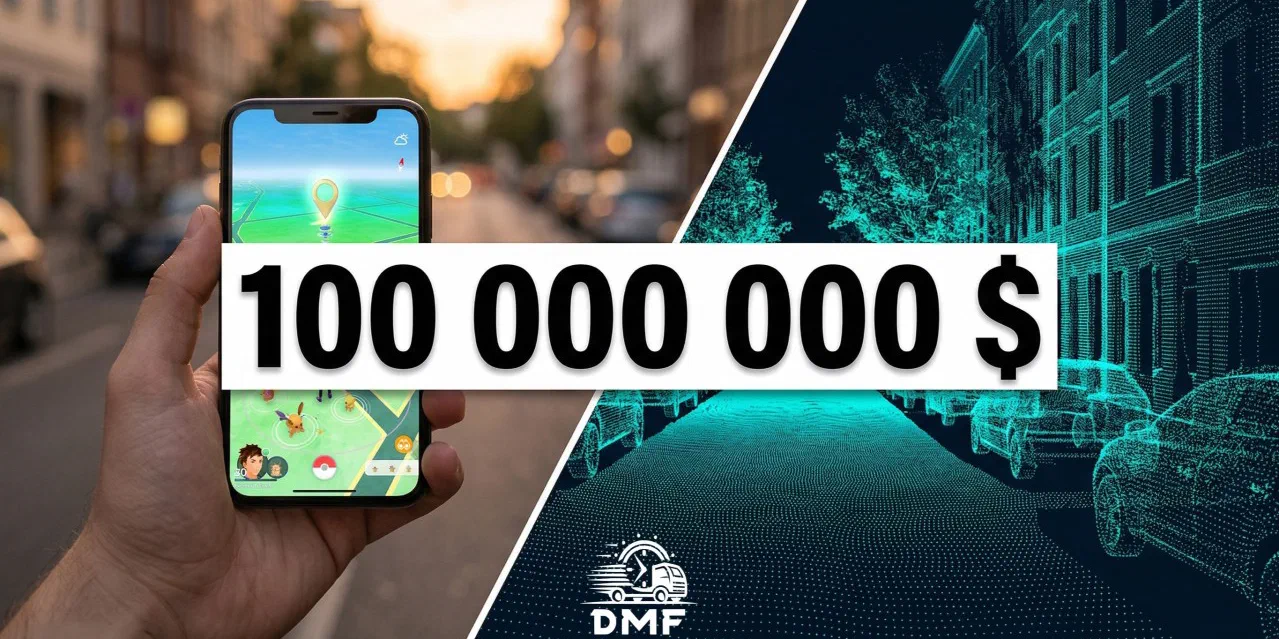 Mobil s hrou Pokémon GO vedľa 3D skenu ulice s nápisom 100 000 000 $